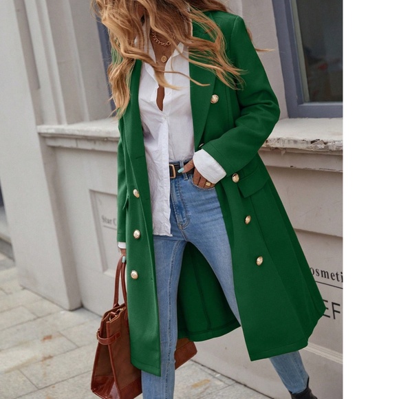 BellanBlue Jackets & Blazers - Classic Green Double Button Solid Faux Pockets Jacket Coat